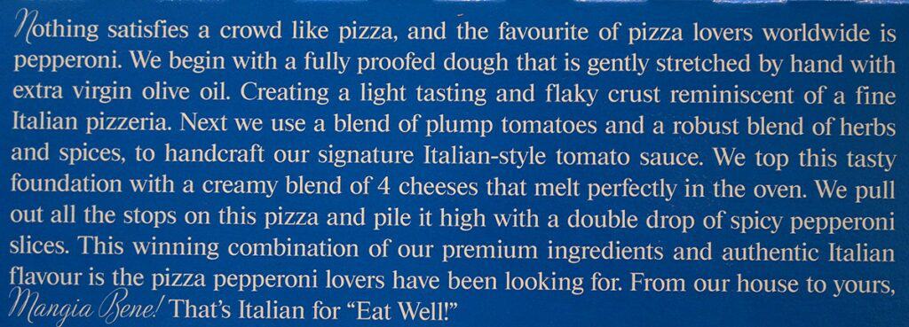 Costco Kirkland Signature Pepperoni Pizza image of product description that comes on the box