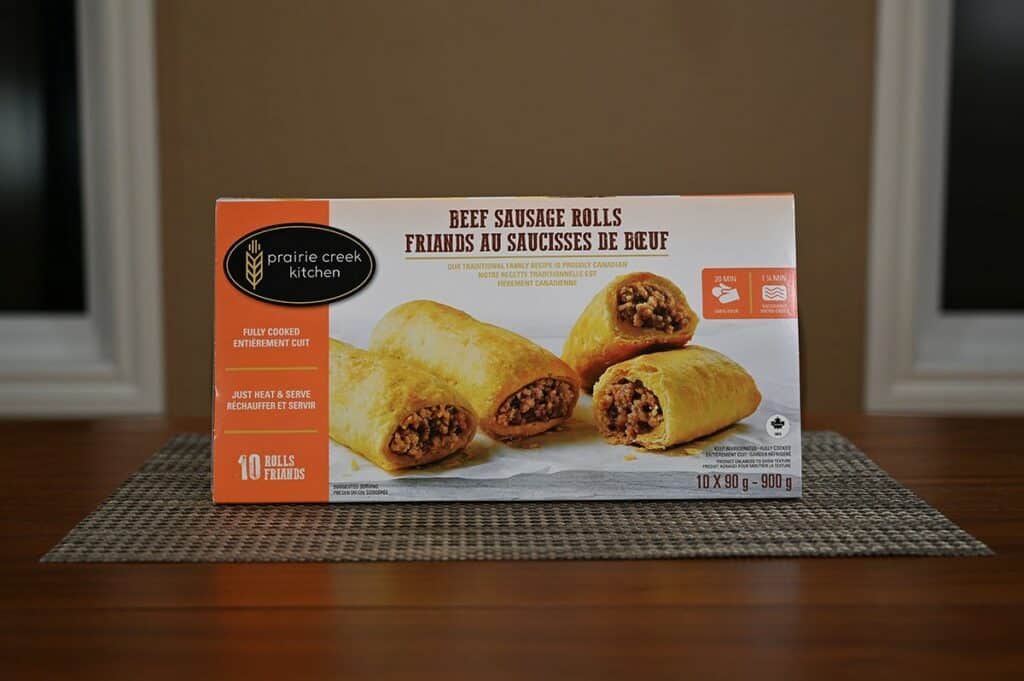 Image of the Costco Prairie Creek Kitchen Beef Sausage Rolls box sitting on a table 