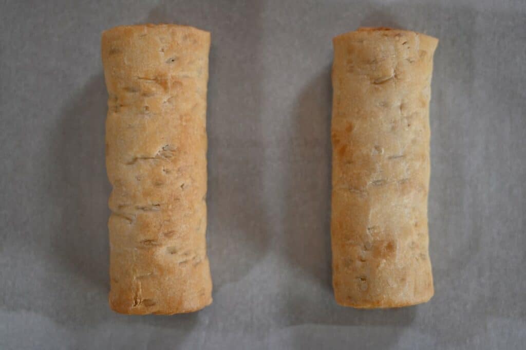 Image of the two Costco Prairie Creek Kitchen Beef Sausage Rolls before baking them in the oven