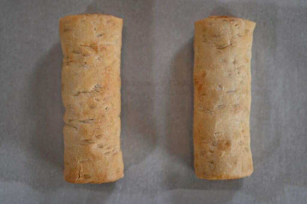 Image of the two Costco Prairie Creek Kitchen Beef Sausage Rolls before baking them in the oven