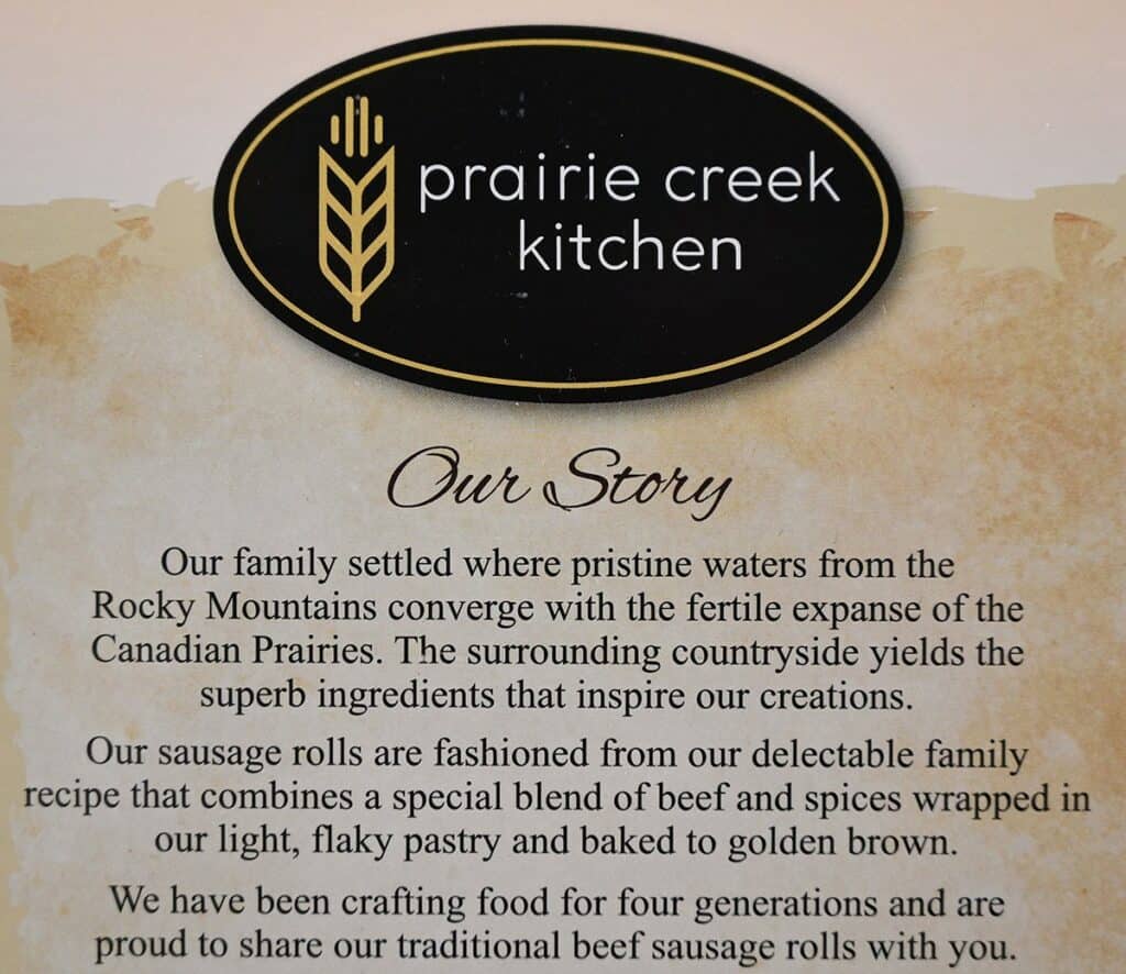 Image of the Costco Prairie Creek Kitchens company story that is on the packaging of the beef sausage rolls