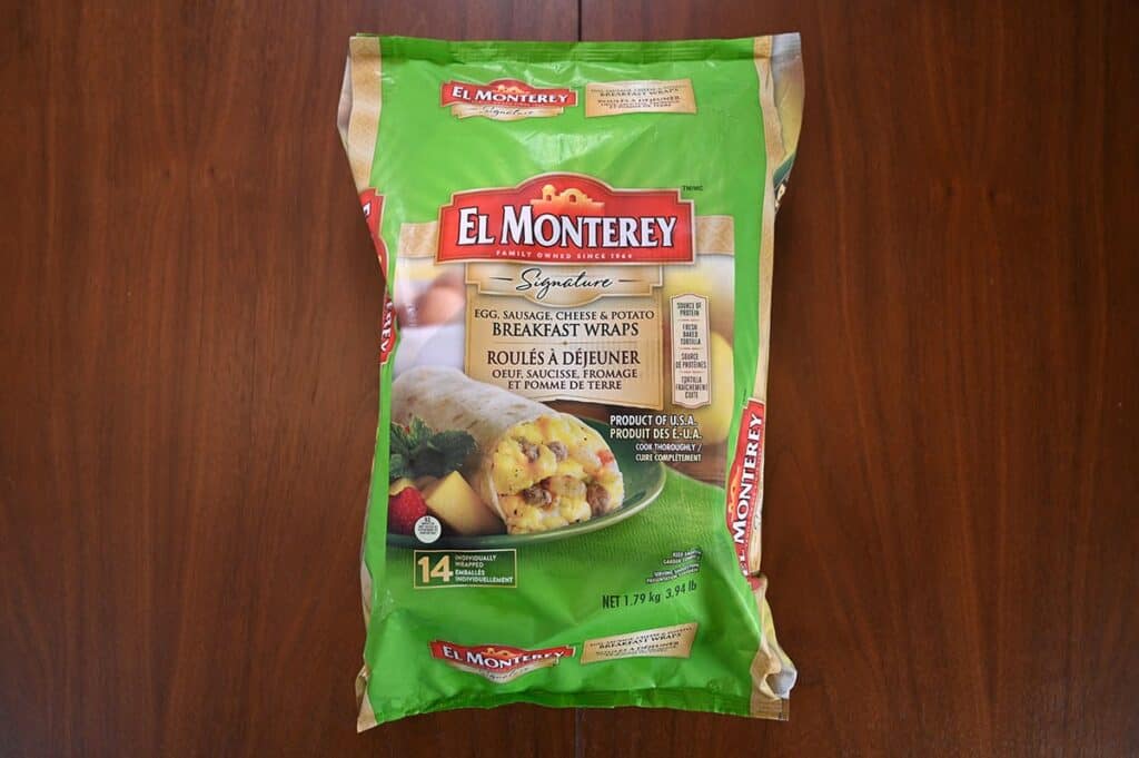 A top-down photo of the Costco El Monterey Breakfast Wraps bag 