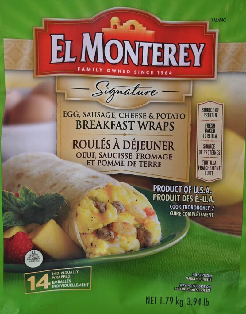 A photo of the Costco El Monterey Breakfast Wraps packaging 