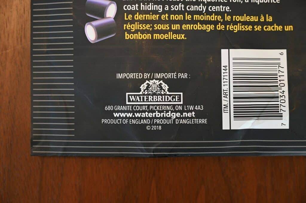 Image of the Costco Waterbridge Allsorts back of the bag stating they are  a product of England 