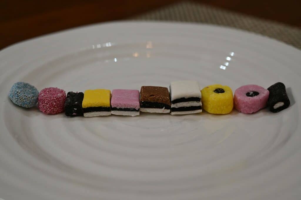 Image of the Costco Waterbridge Allsorts all lined up on a plate so you can see each flavor