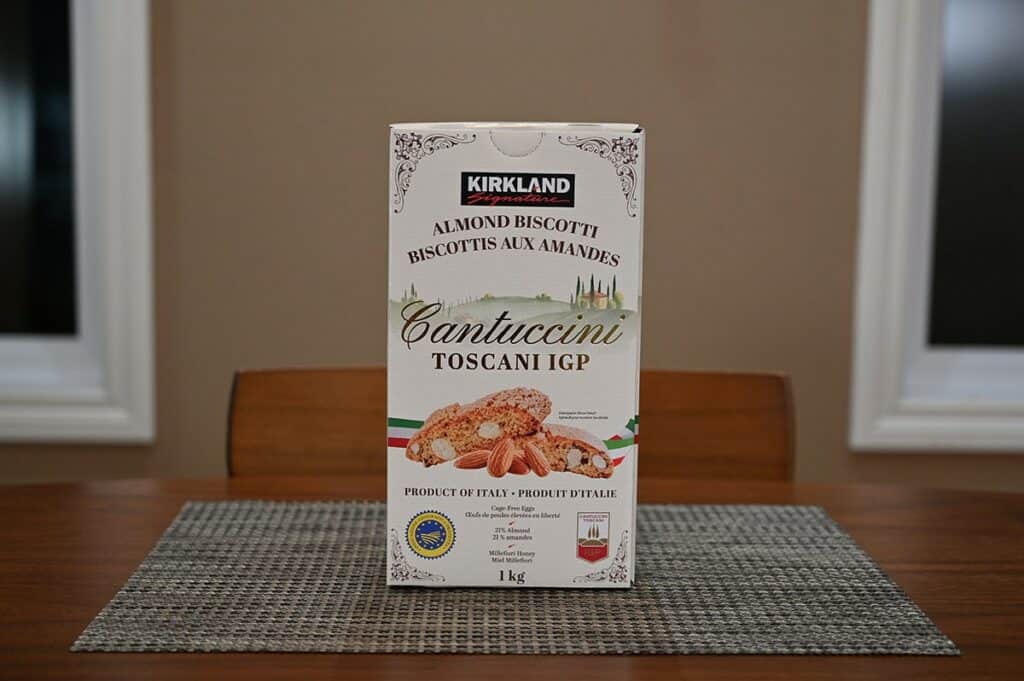Image of the Costco Kirkland Signature Almond Biscotti box sitting on a table 