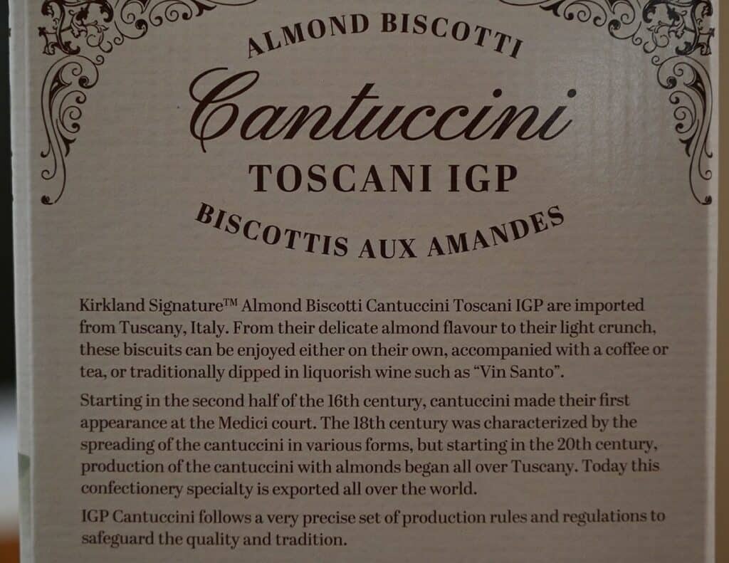 Image of the Costco Kirkland Signature Almond Biscotti product description on the box that says the biscotti is imported from Italy. 