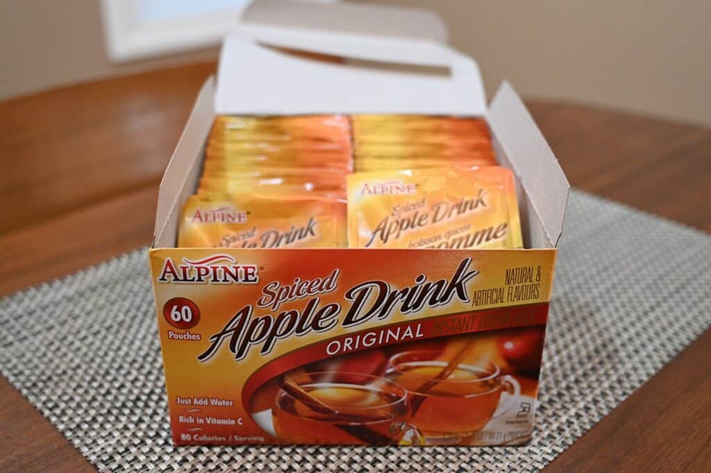 Image of the Costco Alpine Spiced Apple Drink open so you can see the packets in the box