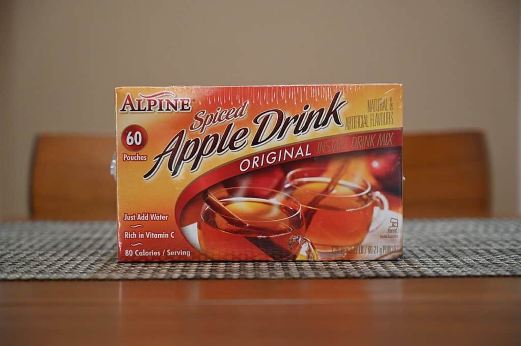 Image of the Costco Alpine Spiced Apple Drink box sitting on a table, sideview image