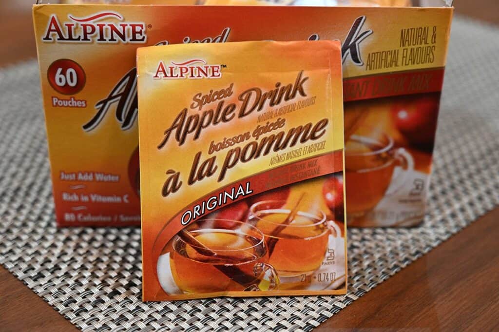 Image of one pouch of the Costco Alpine Spiced Apple Drink sitting outside the box 