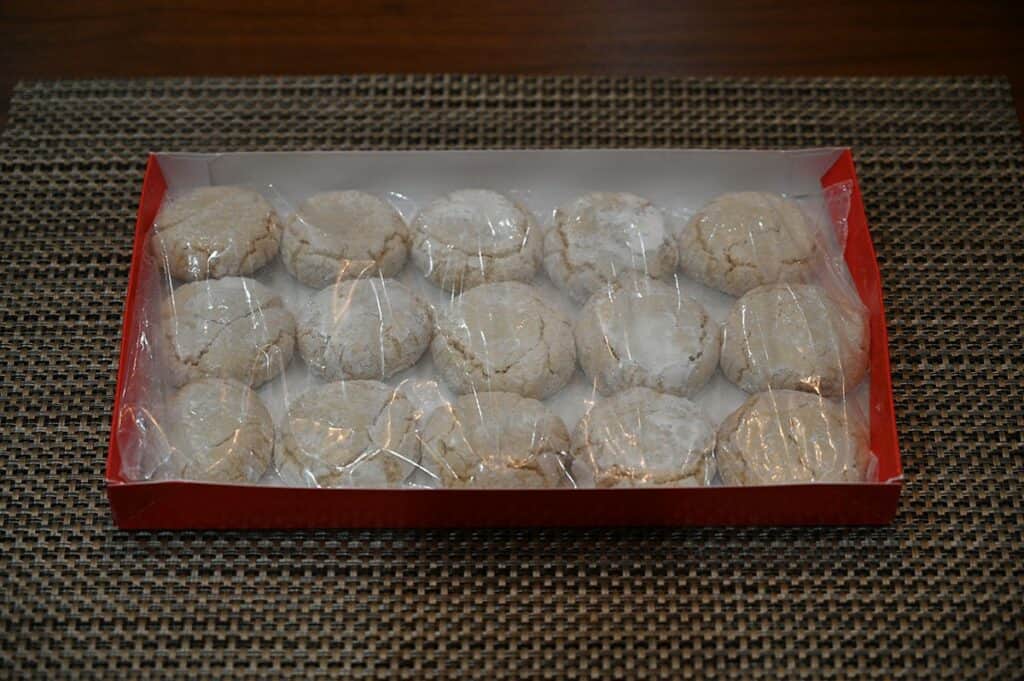 Image of the Costco Di Manno Soft Amaretti Almond Cookies in the box, shows 15 cookies in the box. 