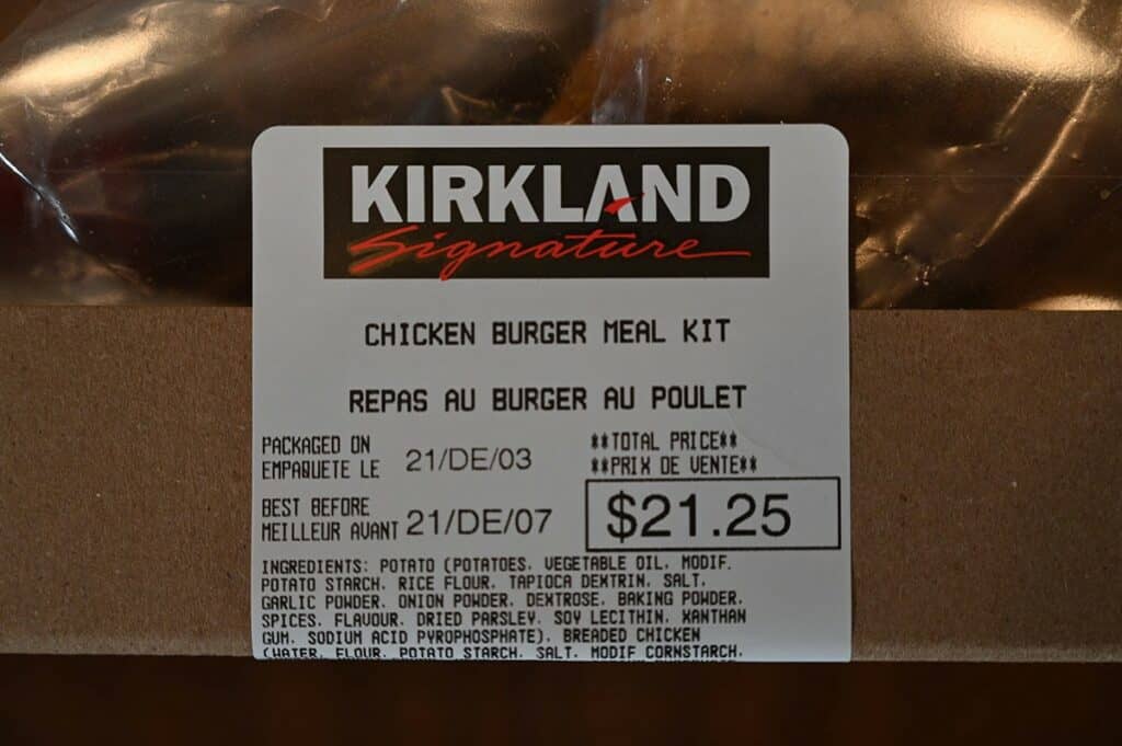 Image of the label on the Costco Kirkland Signature Chicken Burger Meal Kit that states the price and best before date 