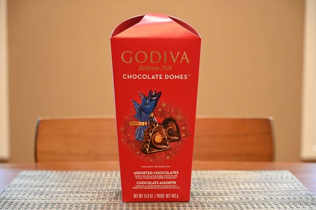 Image of the Costco Godiva Chocolate Domes box sitting on a table. 