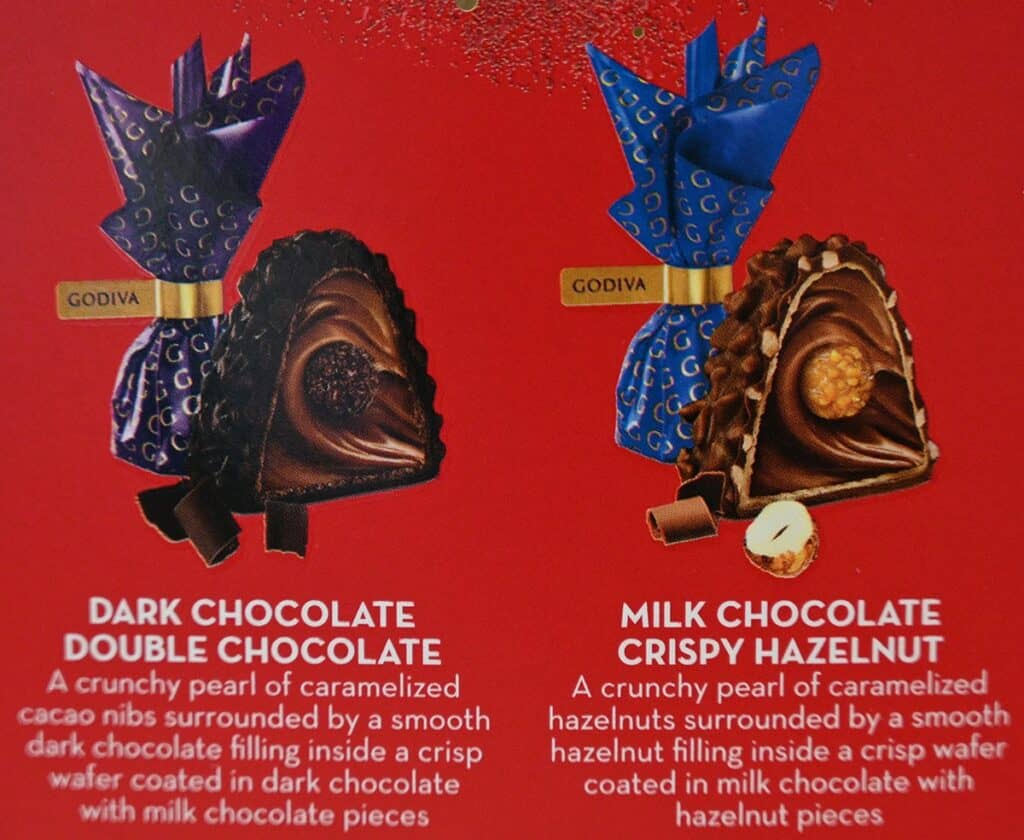 Image of the Costco Godiva Chocolate Domes back of the box that shows the two different flavors and the description of both flavors.Dark chocolate and milk chocolate crispy hazelnut. 