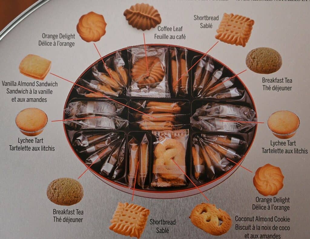 Image of the Costco Isabelle Assorted Cookies, back of the tin showing the different kinds of cookies. 