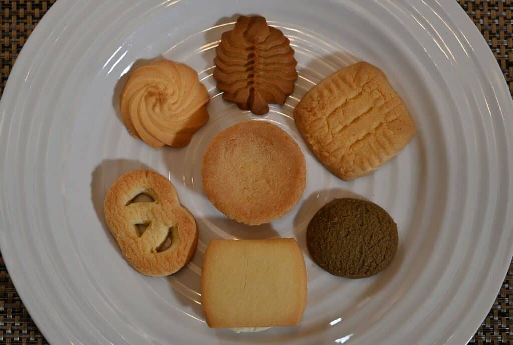 Top down image of the Costco Isabelle Assorted Cookies all on a plate, all the different varieties. 