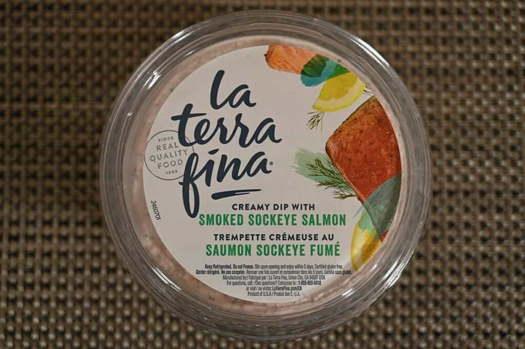 Top dpwn image of the Costco La Terra Fina Smoked Sockeye Salmon Dip container 
