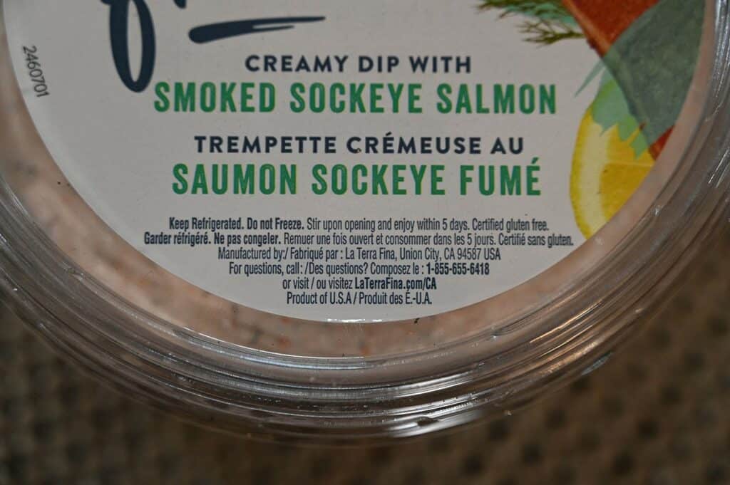 Closeup image of the lid on Costco La Terra Fina Smoked Sockeye Salmon Dip