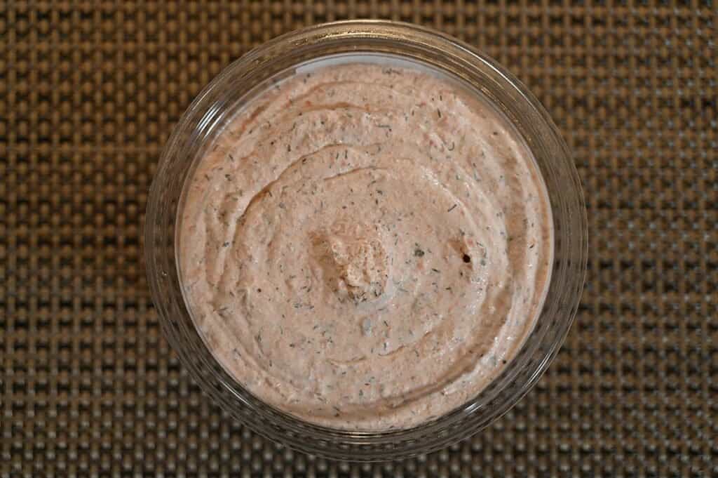 Top down image of the Costco La Terra Fina Smoked Sockeye Salmon Dip with the lid off so you can see what the dip looks like 