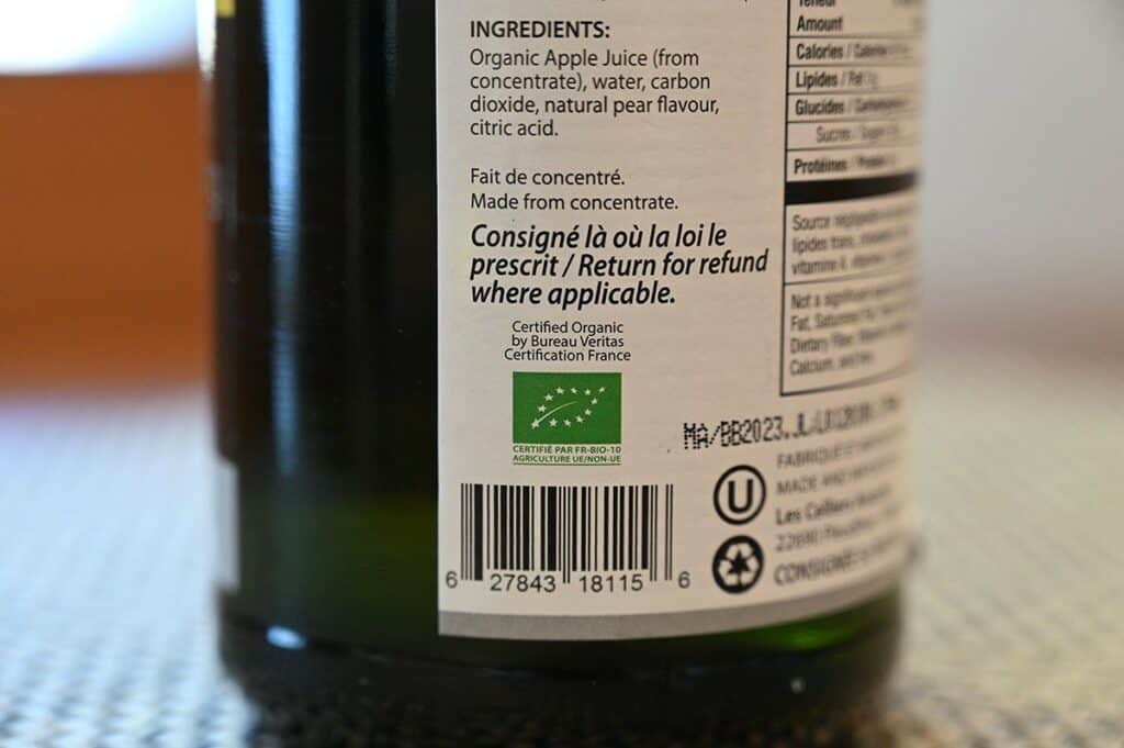 Image of the back label of the Costco Paul Brassac Organic Sparkling Juice with the certified organic label