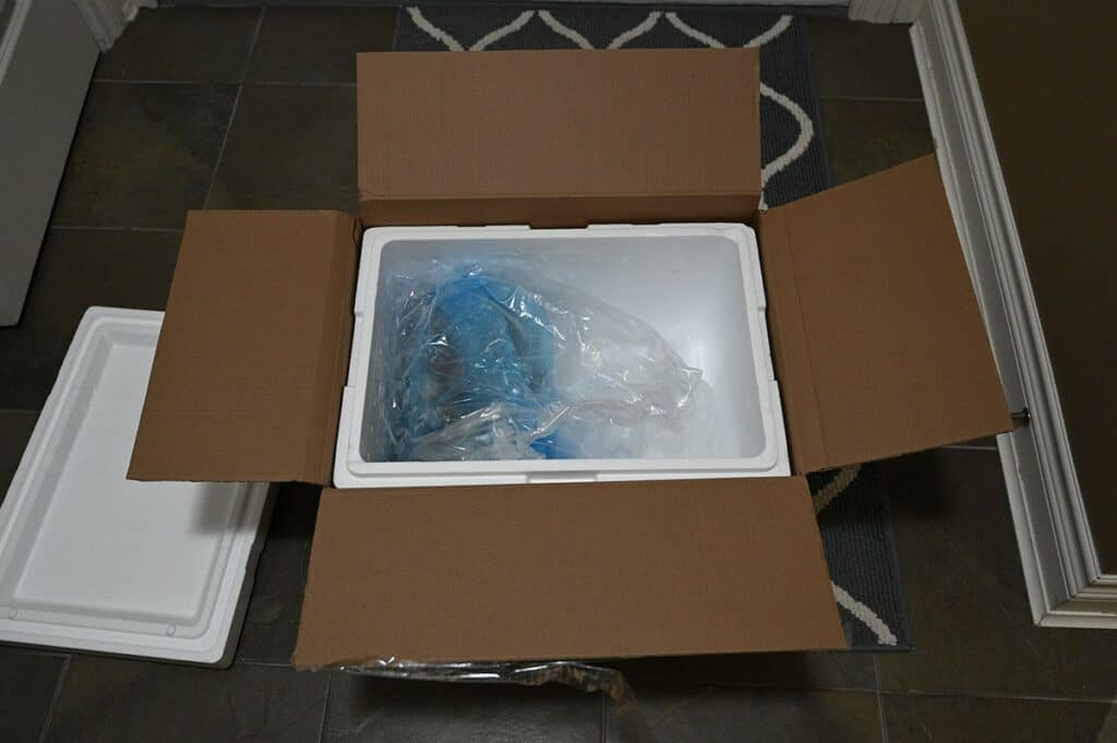 Top down image of the Costco Seacore Frozen Lobster Tails in the box they come in with the lid off, showing that the lobster tails are in a bag within the insulated box.  