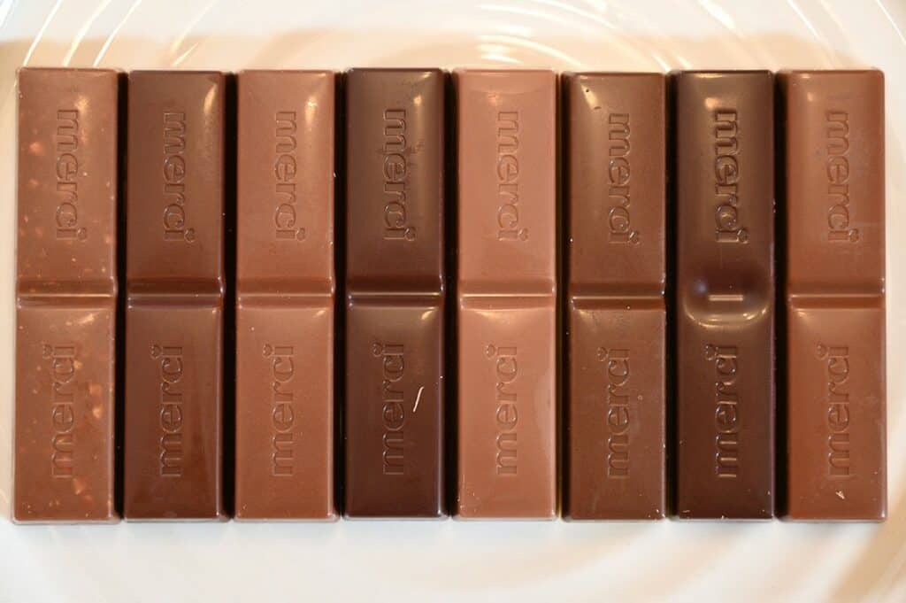 Image of the eight different varieties of Costco Merci European Chocolates unwrapped and on a plate