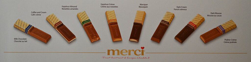 Image of the eight different varieties of Costco Merci European Chocolates shown on the back of the box