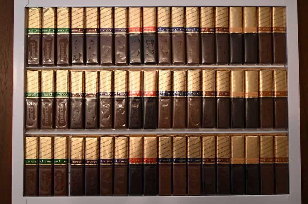 Image of the Costco Merci European Chocolates in the box, three rows of 18 chocolates