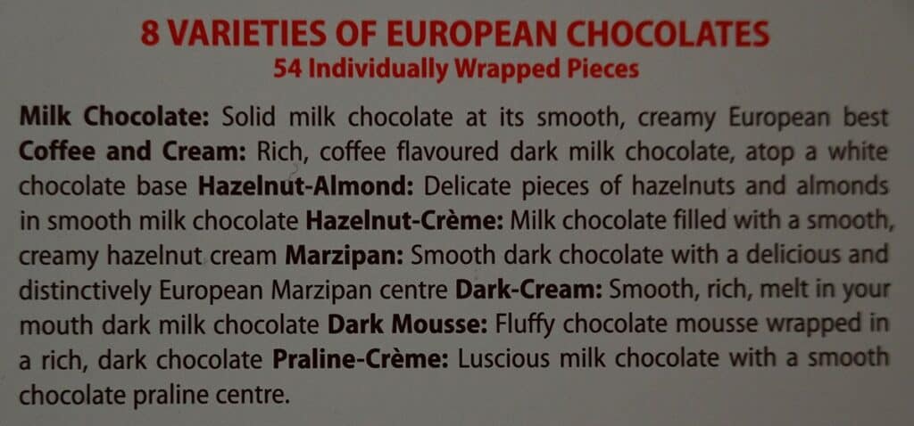 Image of Costco Merci European Chocolates box product description that comes on the back of the box