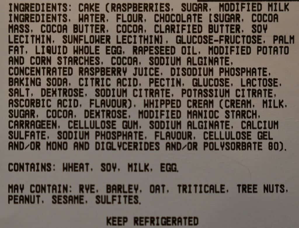Image of the Costco Kirkland Signature Chocolate Raspberry Tart Ingredients label. 