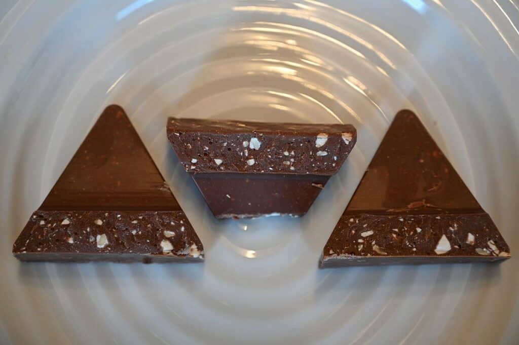 Image of Costco Toblerone pieces of chocolate sitting on a plate, top down image. 