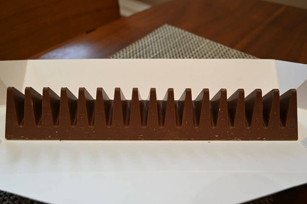 Image of the 750 gram Costco Toblerone bar unwrapped and intact 