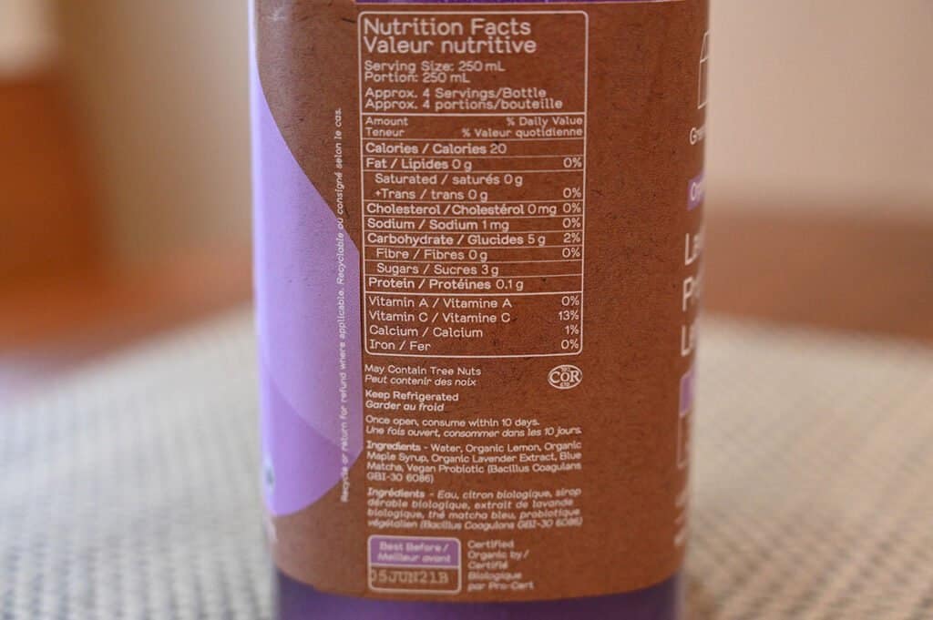 Photo of the bottle of the lavender lemonade showing the nutrition facts and the ingredients list.