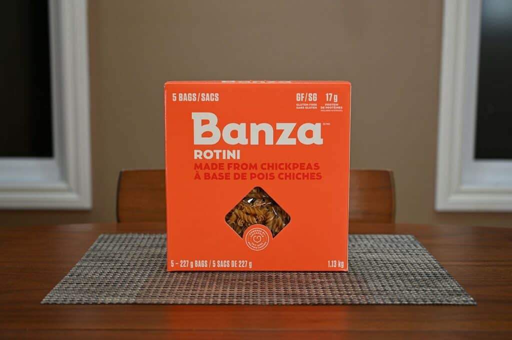 Costco Banza Rotini Chickpea Pasta box sitting on a table. 