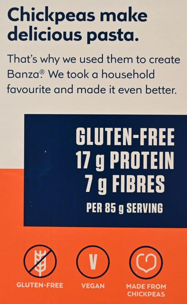 Costco Banza Rotini Chickpea Pasta product description from box. 