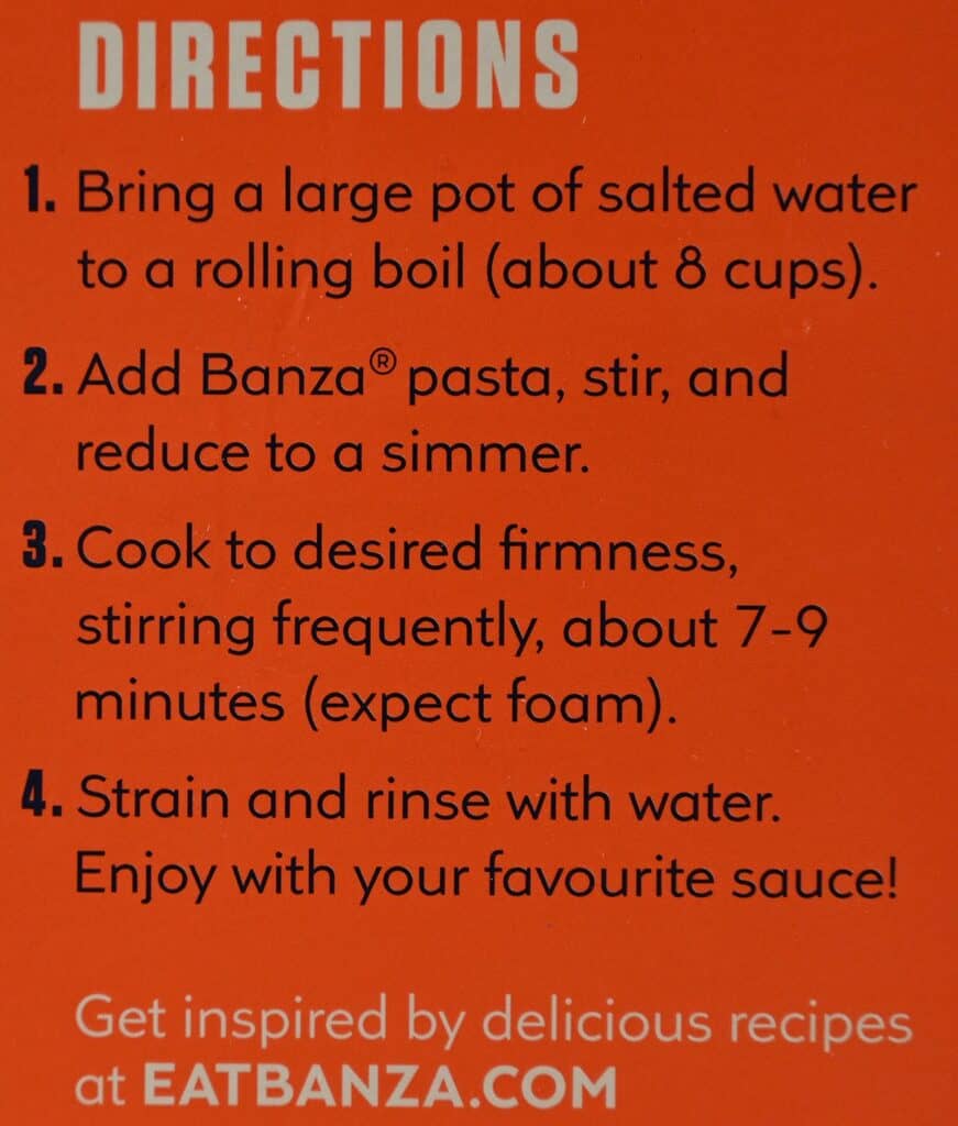 Costco Banza Rotini Chickpea Pasta cooking directions. 