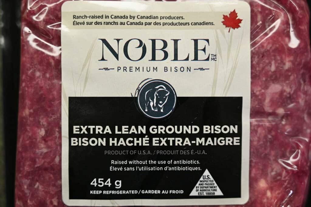 Costco Noble Premium Extra Lean Ground Bison closeup image of the label on the package