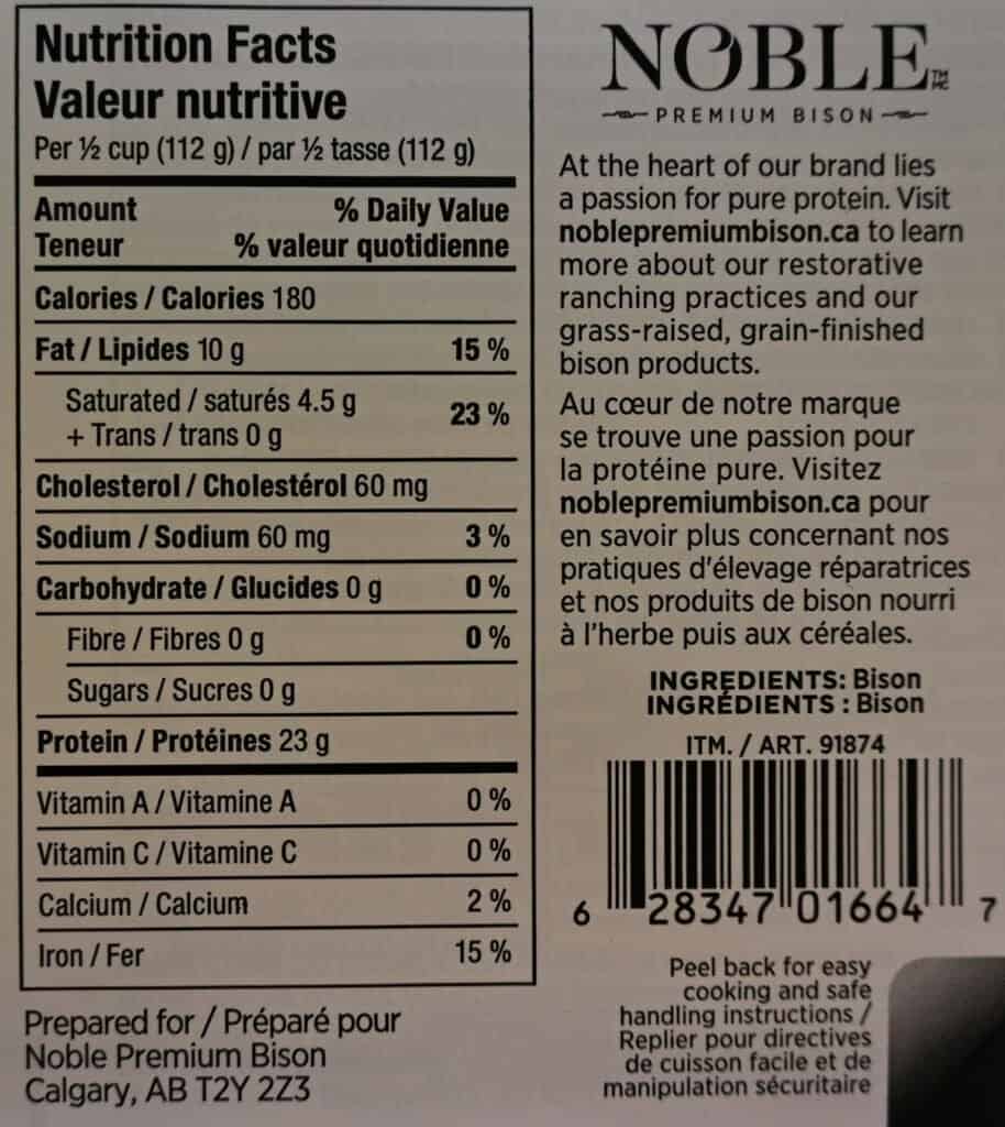 Costco Noble Premium Extra Lean Ground Bison nutrition facts