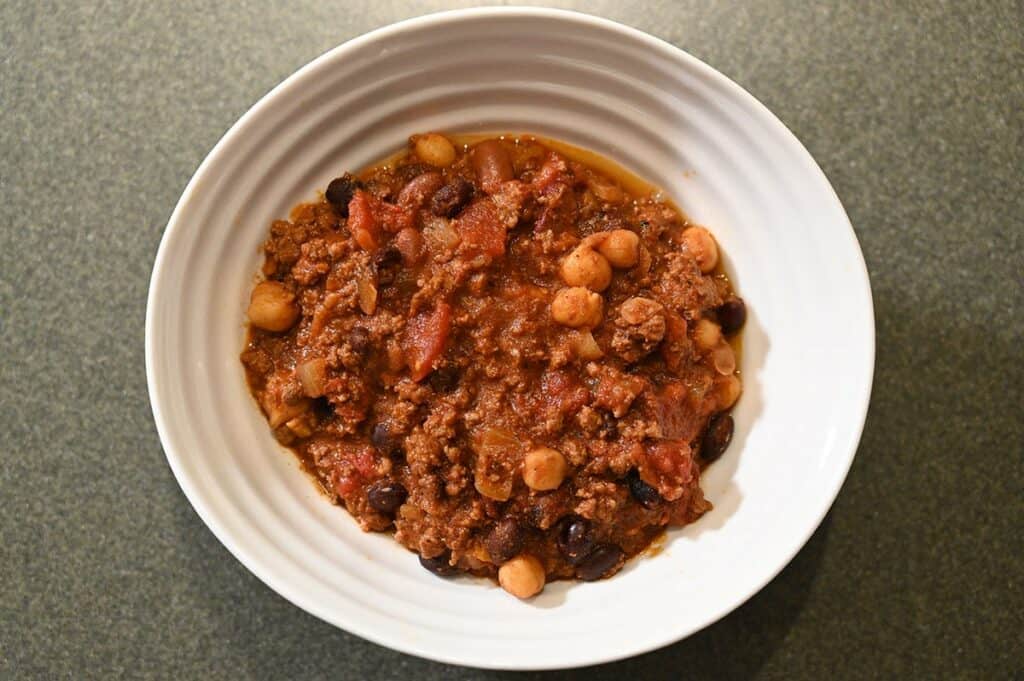 Chili in a white bowl using Costco Noble Premium Extra Lean Ground Bison  to make it