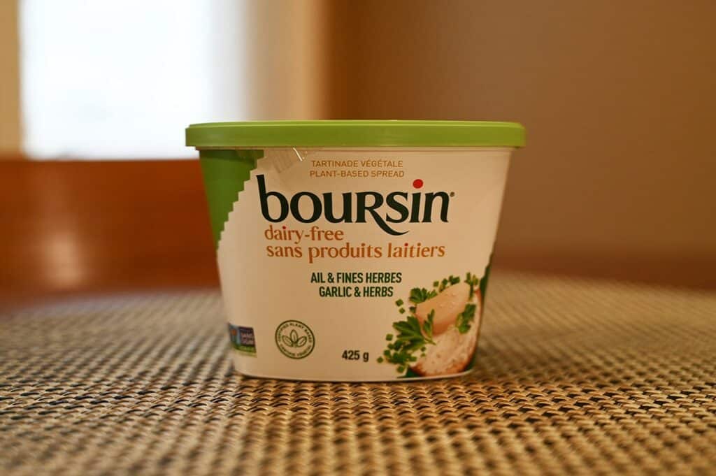 Costco dairy-free Boursin container sitting on a table 