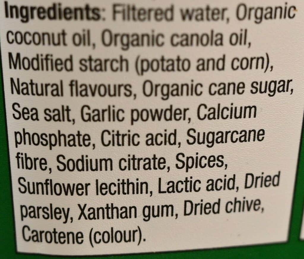 Costco dairy-free Boursin ingredients label. 