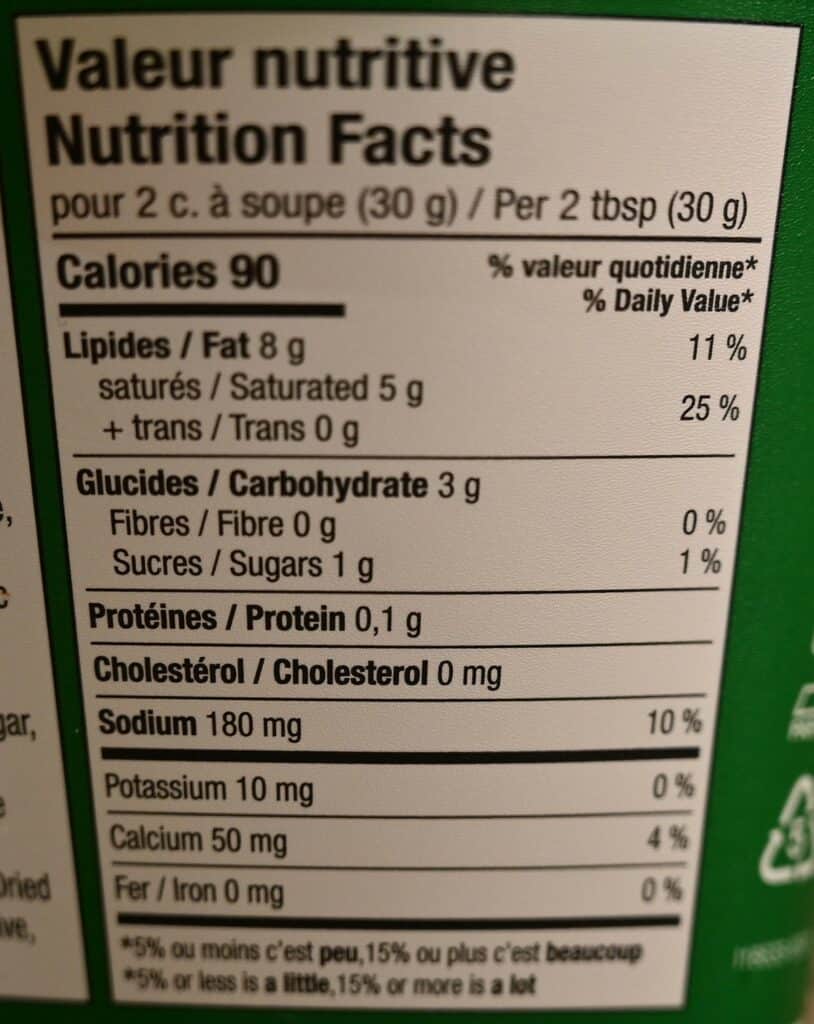 Costco dairy-free Boursin nutrition facts label.