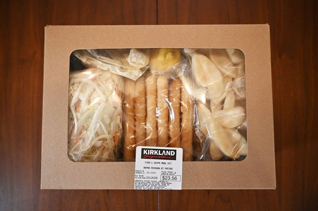 Costco Kirkland Signature Fish & Chips Meal Kit sitting on a table 