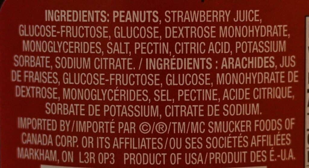 Costco Smucker's Goober Ingredients label. 