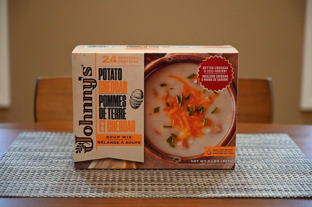 Costco Johnny's Potato Cheddar Soup Mix Box sitting on a table. 