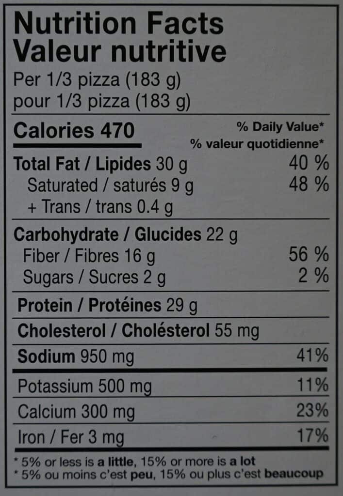 Costco Keto Izza Keto Pizza Nutrition Facts from box. 