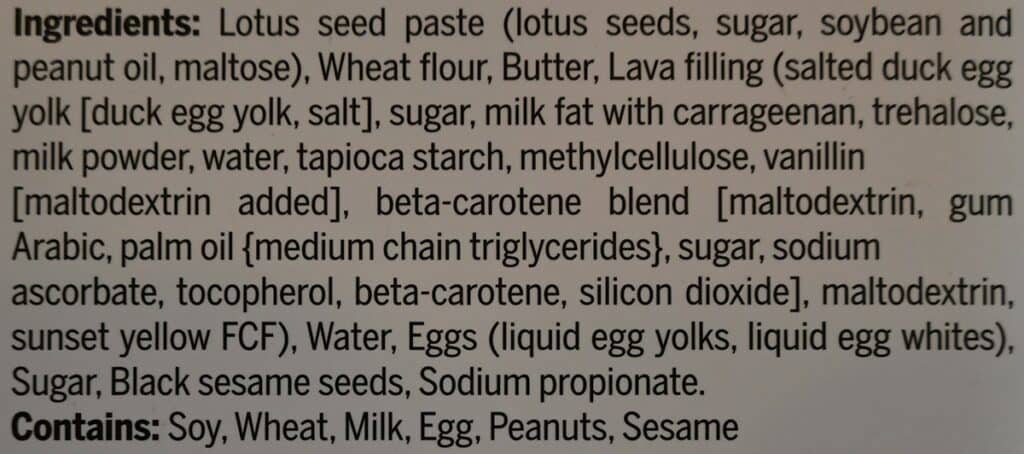 Costco Emperor Lava Pastry with Lotus Seed Paste ingredients label. 