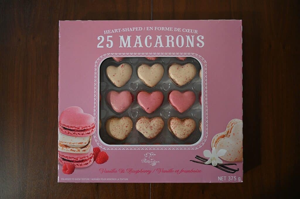 Costco Le Bon Patisserie Heart Shaped Macarons box sitting on a table. 