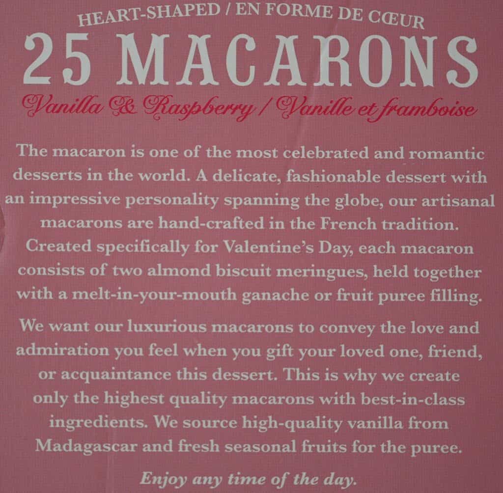 Costco Le Bon Patisserie Heart Shaped Macarons product description for the back of the box. 