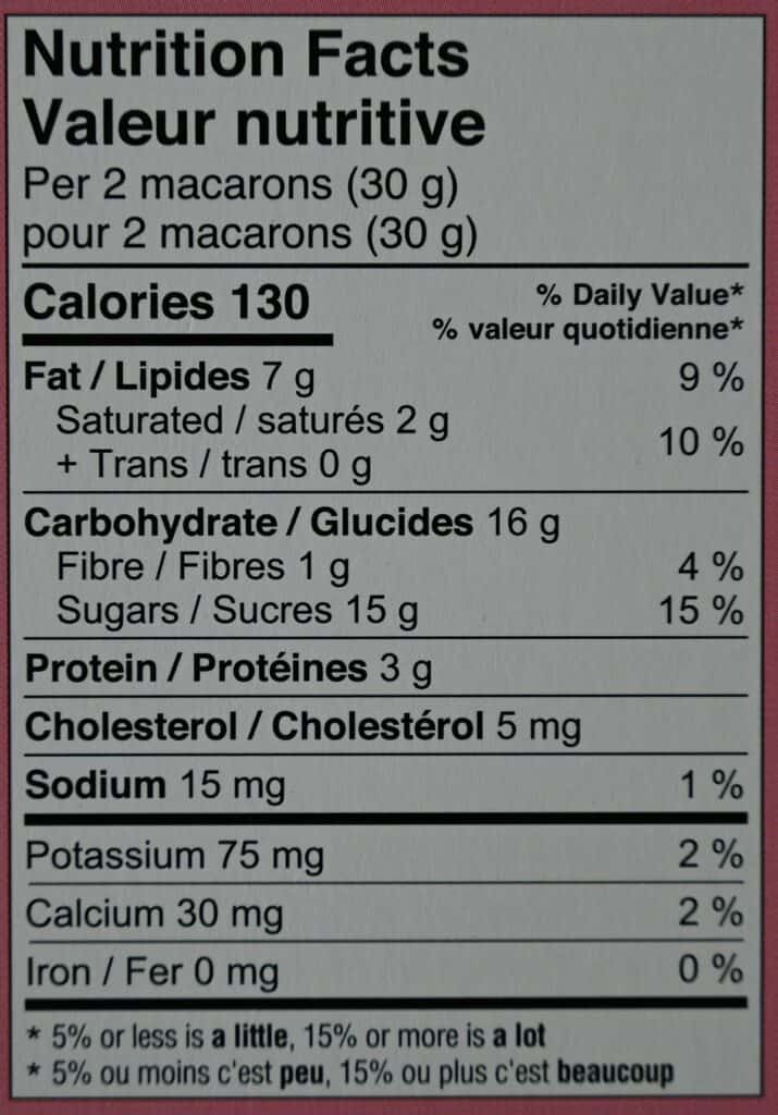 Costco Le Bon Patisserie Heart Shaped Macarons nutrition facts label. 